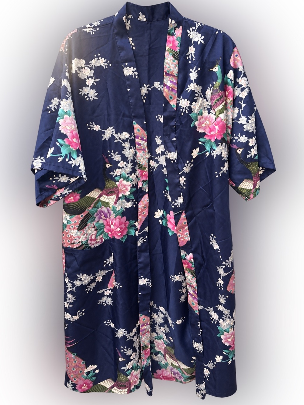 Navy Floral & Peacock Print Kimono Dress
